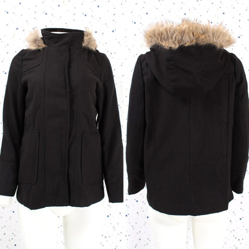Black Faux Fur Hooded Wool Blend Coat Jacket